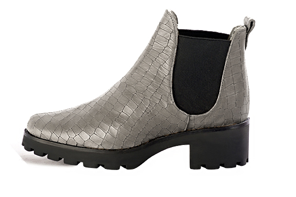 Ash grey and matt black women's ankle boots, with elastics. Round toe. Low rubber soles. Profile view - Florence KOOIJMAN